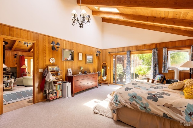 carpeted bedroom with wooden ceiling, access to outside, wooden walls, beamed ceiling, and a notable chandelier