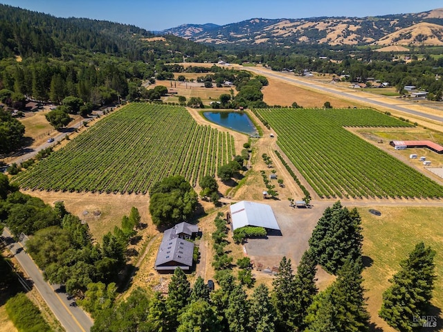 drone / aerial view featuring a rural view and a water and mountain view