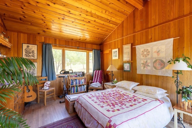 bedroom with wood ceiling, vaulted ceiling with beams, wooden walls, and wood-type flooring