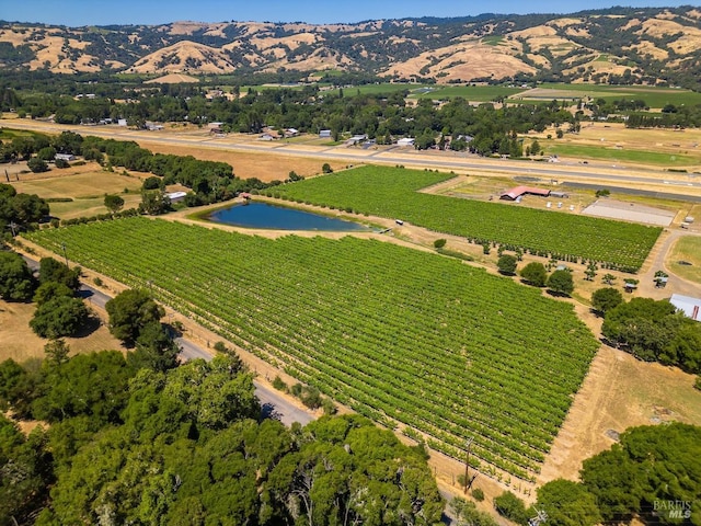 bird's eye view featuring a water and mountain view and a rural view