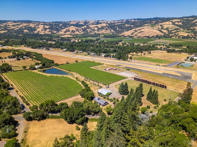 drone / aerial view with a mountain view and a rural view