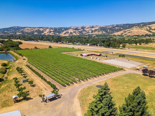 birds eye view of property featuring a rural view and a water and mountain view