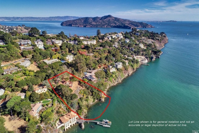 drone / aerial view with a water and mountain view