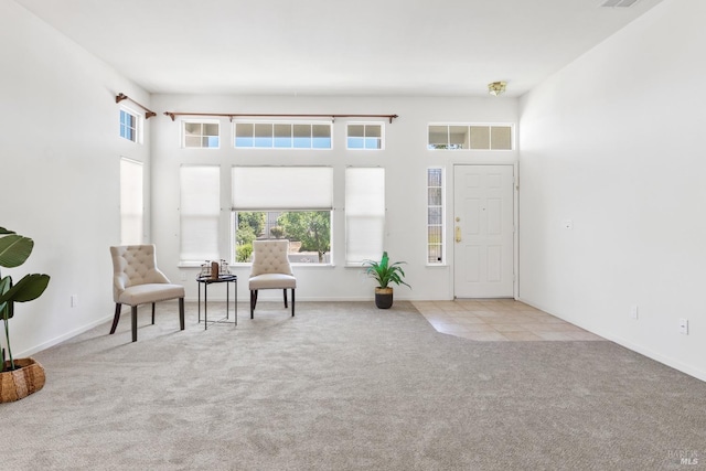 unfurnished room with carpet floors, a high ceiling, and baseboards