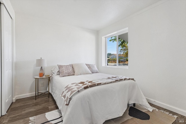 bedroom featuring dark wood-type flooring and a closet