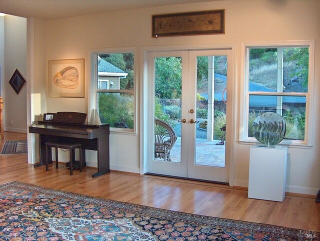 entryway with a wealth of natural light, french doors, and hardwood / wood-style floors