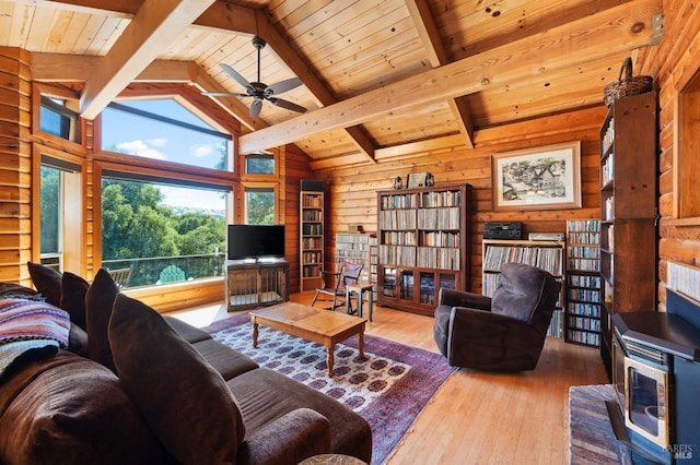 living room with wood ceiling, hardwood / wood-style flooring, wood walls, ceiling fan, and beam ceiling