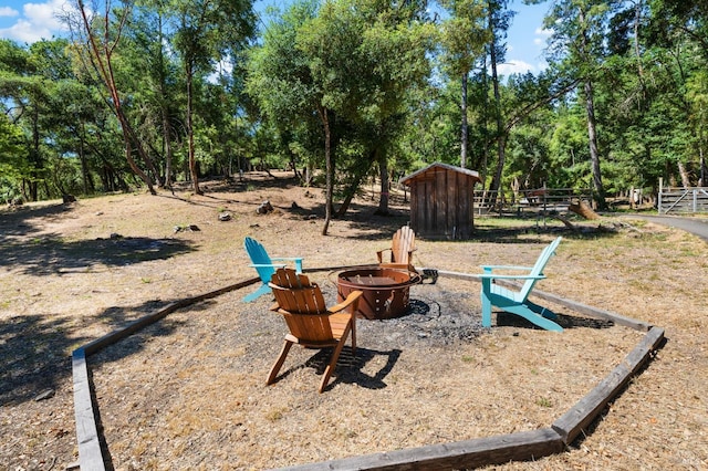 view of yard featuring an outdoor fire pit and a storage shed