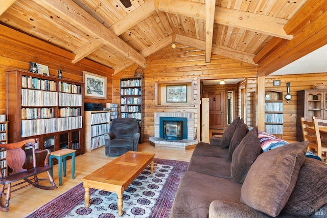 living room featuring a wood stove, lofted ceiling with beams, wood ceiling, and light wood-type flooring