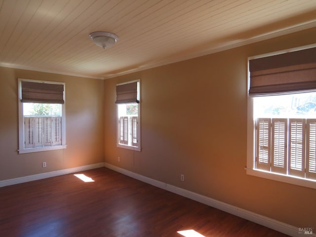 spare room featuring wooden ceiling and dark wood-type flooring