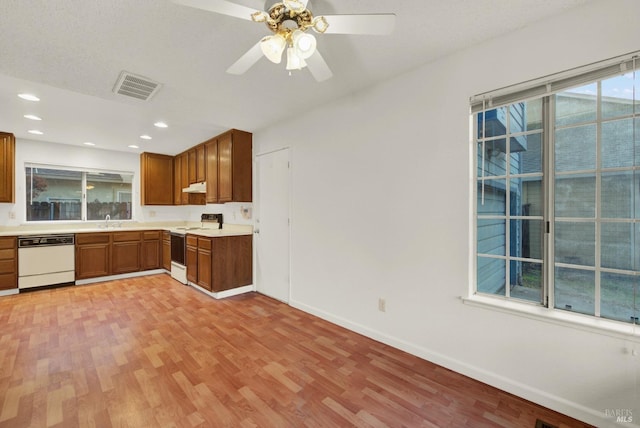 kitchen with white dishwasher, ceiling fan, sink, light hardwood / wood-style flooring, and range with electric stovetop