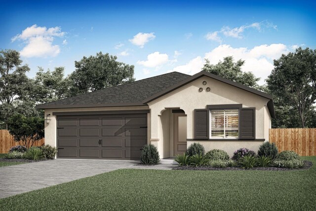 single story home with an attached garage, fence, driveway, stucco siding, and a front yard