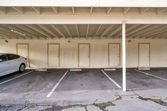 garage with wood walls