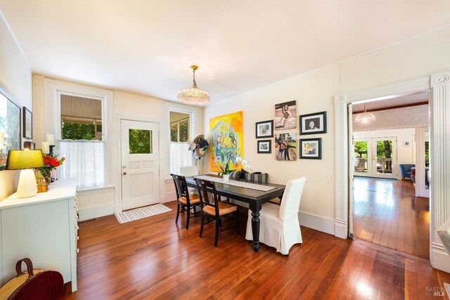 dining room featuring dark wood-type flooring, plenty of natural light, and french doors