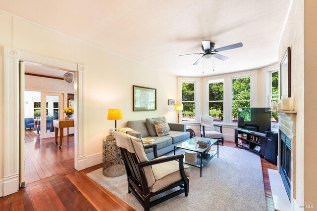 living room featuring plenty of natural light, dark hardwood / wood-style floors, and ceiling fan