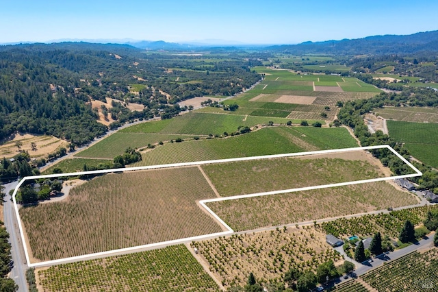 drone / aerial view featuring a mountain view and a rural view