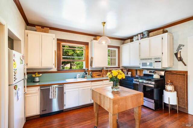 kitchen featuring pendant lighting, sink, white cabinetry, stainless steel appliances, and dark hardwood / wood-style floors