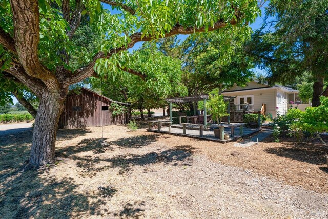 view of yard with an outbuilding and a pergola