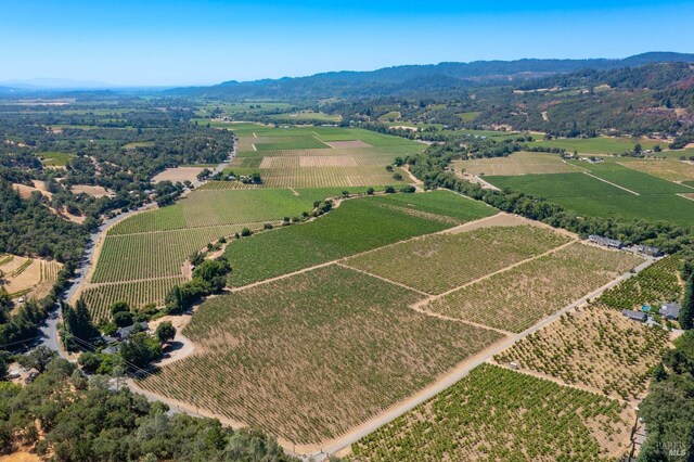 drone / aerial view featuring a mountain view and a rural view