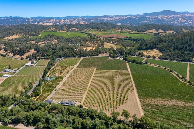 drone / aerial view featuring a mountain view and a rural view