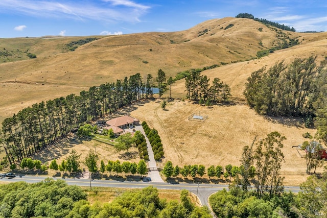 bird's eye view featuring a mountain view and a rural view