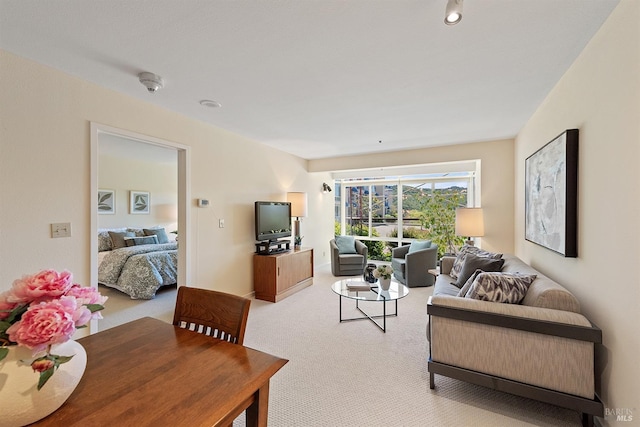 living room featuring light carpet