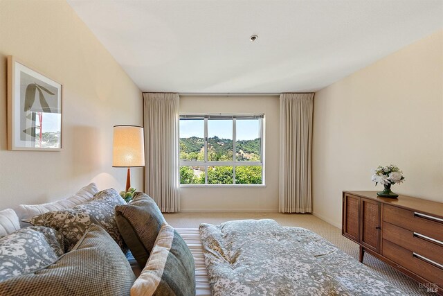 bedroom with light colored carpet and ensuite bath