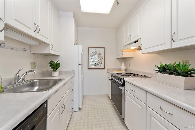 kitchen with white cabinets, stainless steel stove, sink, and dishwasher