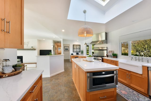 kitchen with pendant lighting, a skylight, ventilation hood, sink, and stainless steel appliances