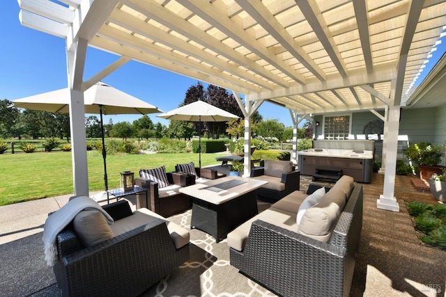 view of patio featuring an outdoor living space, a pergola, and a hot tub