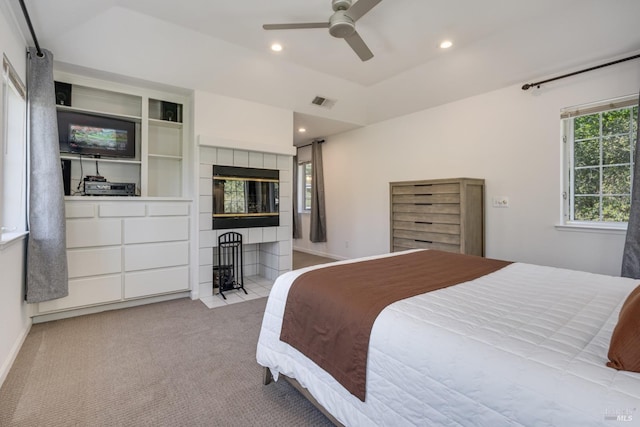 bedroom featuring recessed lighting, light carpet, ceiling fan, and visible vents
