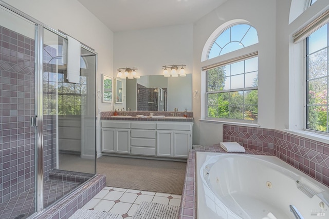 bathroom with double vanity, a shower stall, a tub with jets, and a sink