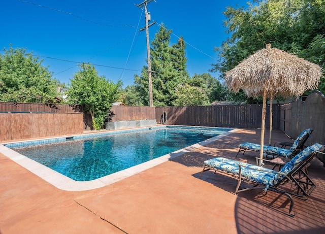 view of swimming pool with a fenced in pool, a fenced backyard, and a patio area