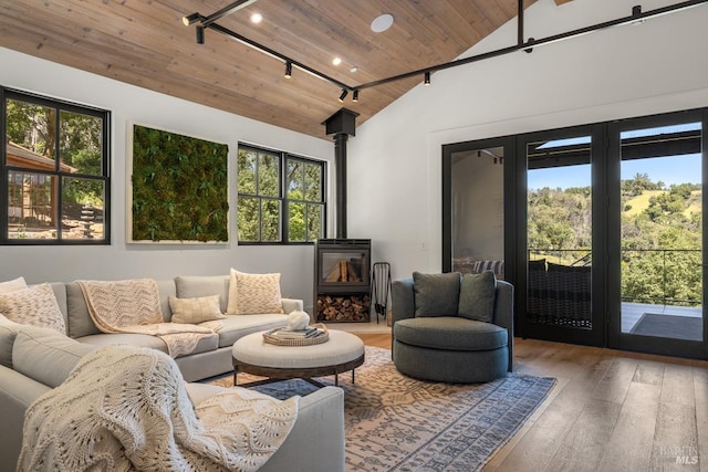 living room with plenty of natural light, hardwood / wood-style flooring, rail lighting, and wooden ceiling