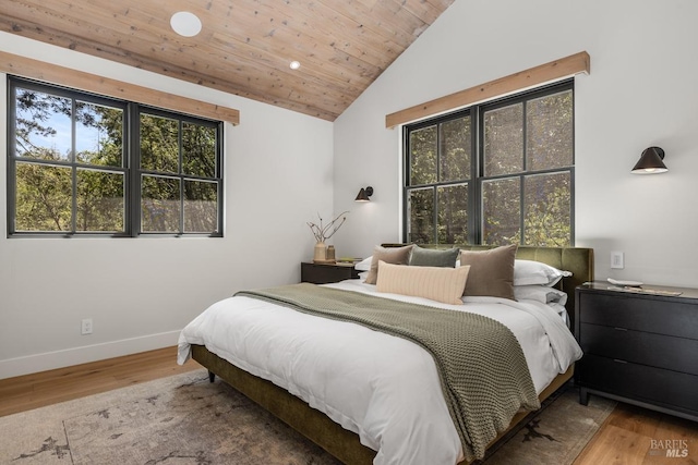 bedroom with hardwood / wood-style flooring, vaulted ceiling, and wooden ceiling