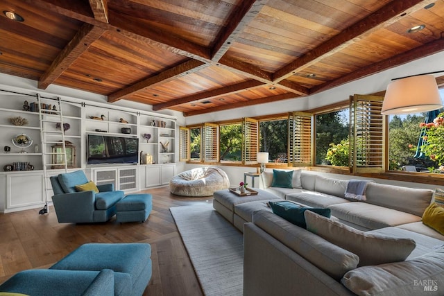 living room featuring beam ceiling, hardwood / wood-style flooring, and wood ceiling