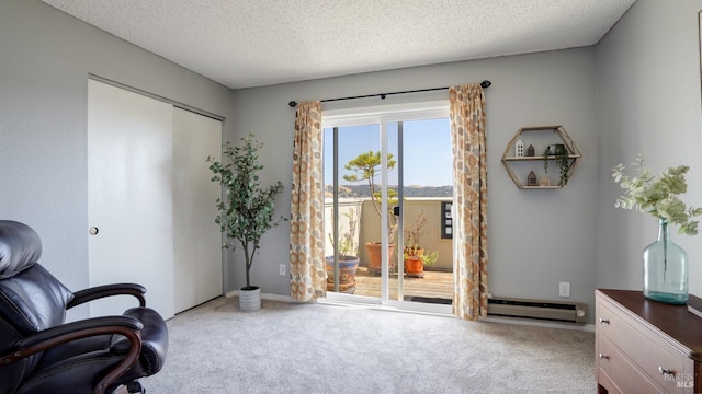 sitting room with a baseboard radiator, carpet floors, and a textured ceiling