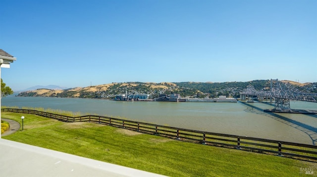 property view of water featuring fence and a mountain view