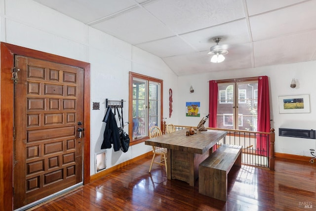 dining room featuring french doors, ceiling fan, and dark hardwood / wood-style flooring