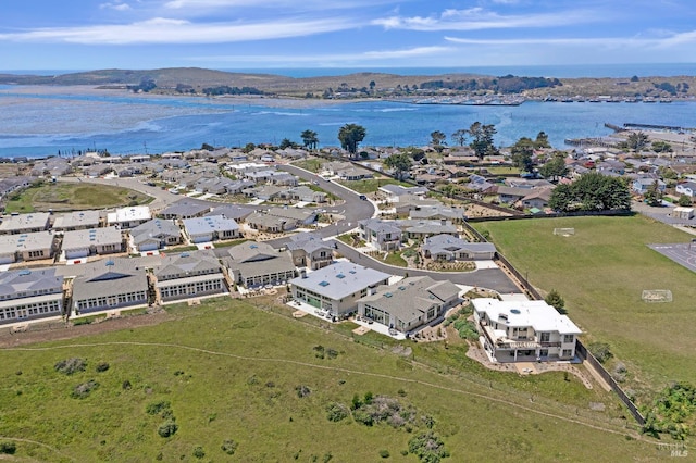 birds eye view of property with a water and mountain view