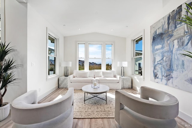 living room featuring hardwood / wood-style floors and vaulted ceiling