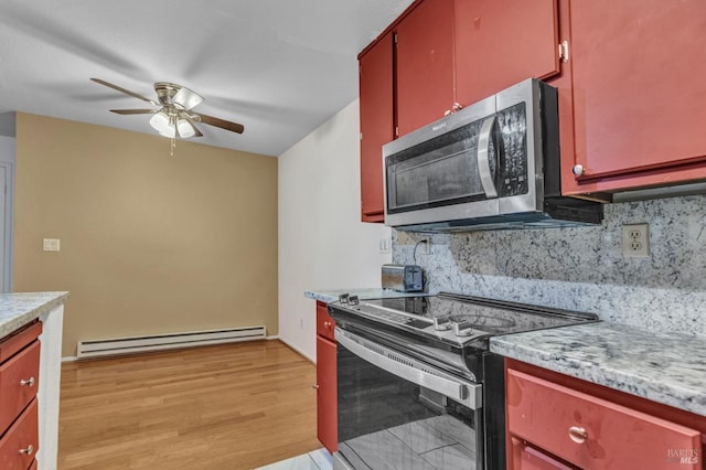 kitchen featuring ceiling fan, appliances with stainless steel finishes, tasteful backsplash, light hardwood / wood-style floors, and a baseboard radiator