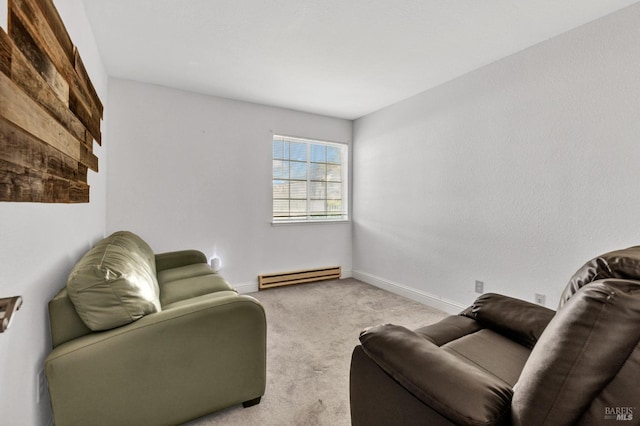 carpeted living room with a baseboard radiator