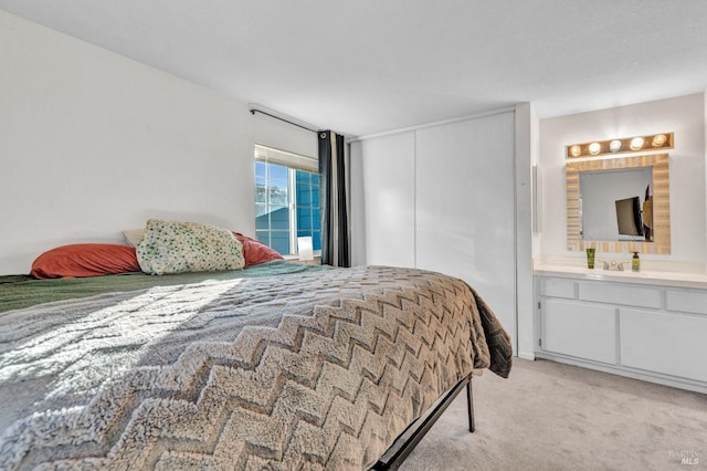 bedroom featuring light carpet and sink