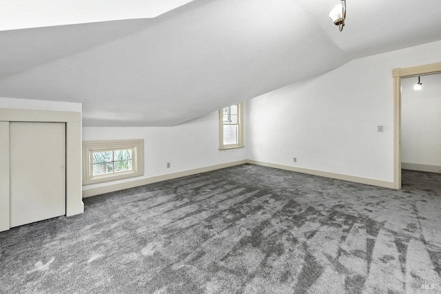 additional living space featuring vaulted ceiling, carpet, and a textured ceiling