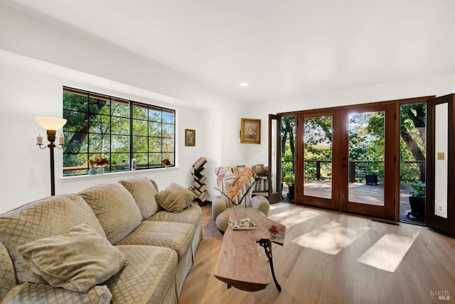 living room with a wealth of natural light, light hardwood / wood-style floors, and french doors