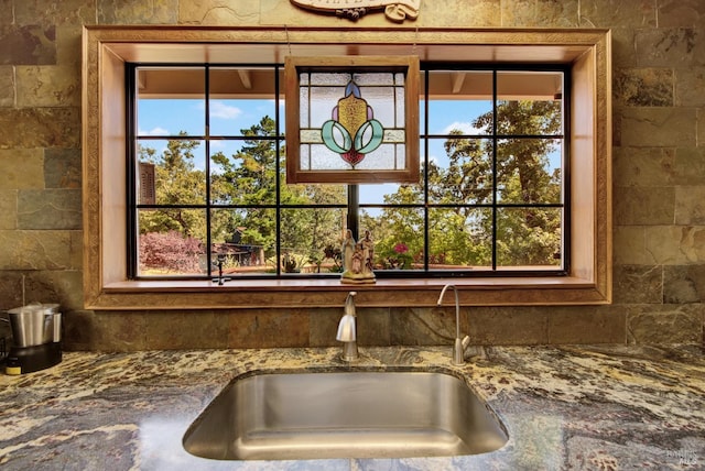 details featuring stone counters and sink