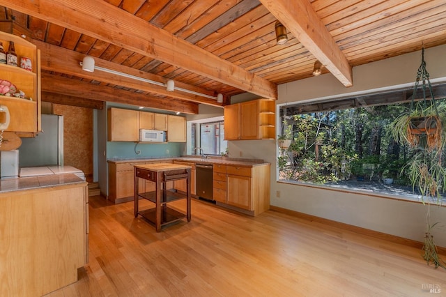 kitchen with wood ceiling, baseboards, light countertops, appliances with stainless steel finishes, and open shelves