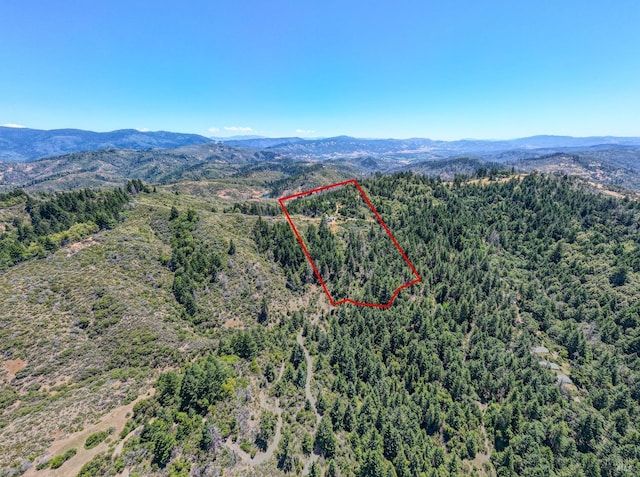 aerial view featuring a mountain view and a wooded view