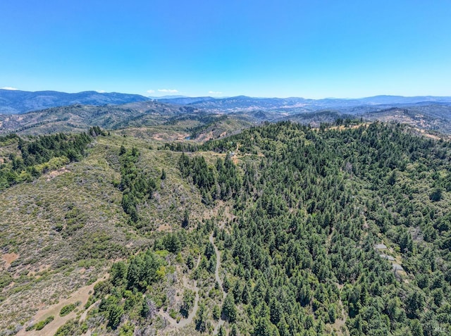 bird's eye view featuring a forest view and a mountain view